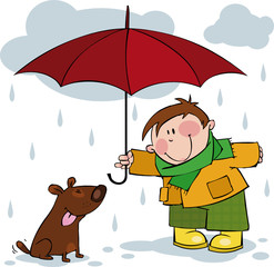 Little boy and a dog walking in the rain