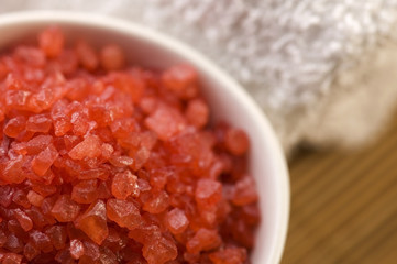 bath salt and towel. red and white