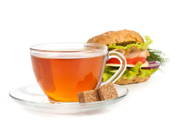 Ham sandwich and cup of tea