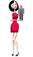 Girl in red dress holds symbol man in hand
