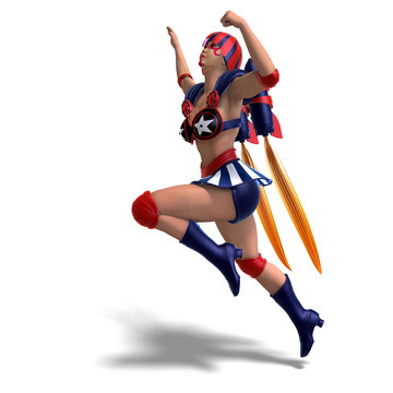 female comic hero in an red, blue, white outfit