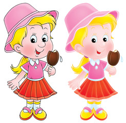 Little girl eating the ice-cream (color and black contours)