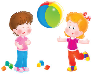 Playing girls (two drawings with color and black contours)