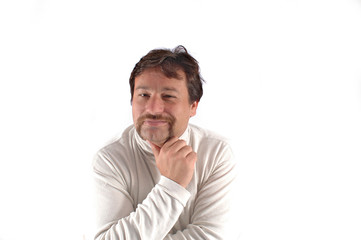 Male model with Moustache smiles at a Studio Shoot