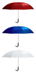 Photorealistic illustration of three different colored umbrellas