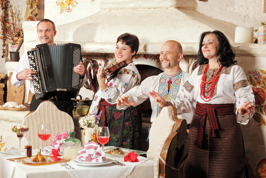 Ukrainian ethnic music band concert in traditional restaurant