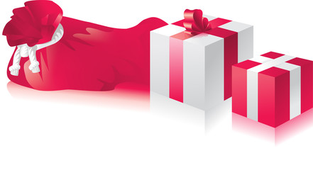 Vector gift boxes and a bag in red and white colors