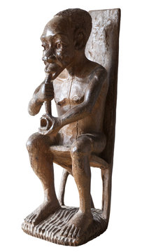 African traditional statuette of old man smoking pipe - Gabon