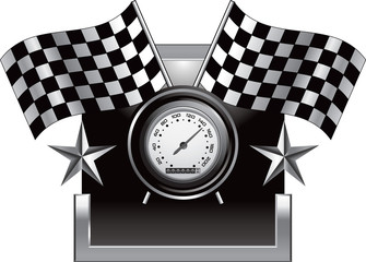 Racing checkered flags and speedometer on silver star frame