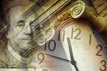 conceptual image of a clock on dollar bill and column