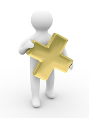 Man holds sign plus on white background. Isolated 3D image