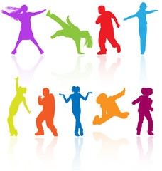 Set of colored dancing, jumping and posing teenagers vector.