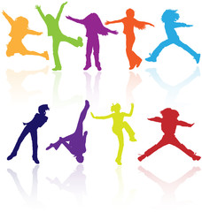 Set of colored active children vector silhouettes.