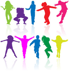 Set of colored active children vector silhouettes.