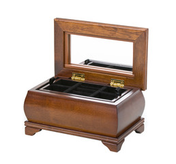 fancy open  wooden box over white background