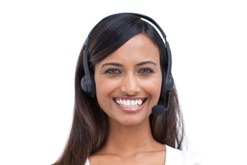 Beautiful ethnic businesswoman with a headset on