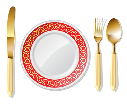 Plate, golden spoon, fork and knife | Vector World series