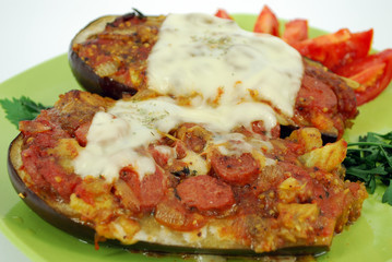 baked aubergine with sausage and cheese