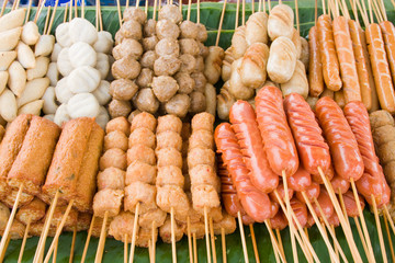 Meatballs on sticks at a market in Thailand
