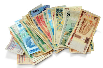 Lot of old paper money on white background