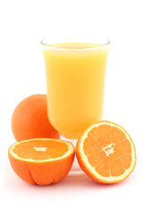 Orange juice and ripe oranges