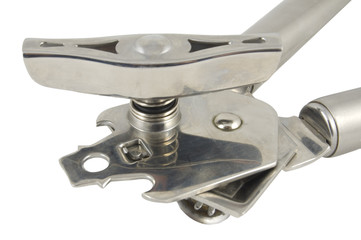 close up of metal can / tin opener on white background