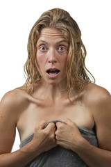 Closeup on woman gets out of the shower, surprised