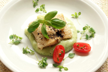 greek sea bream fillet with mashed potatoes and basil