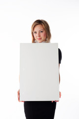 attractive woman with clear board