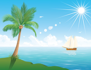 Palm tree and a ship.