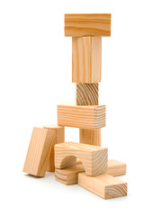Wooden building blocks over white background