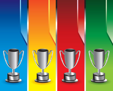 Silver trophy on vertical colored banners