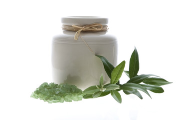 fresh olive branch and bath salt. spa