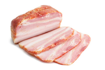 Smoked pork bacon and its slices - obrazy, fototapety, plakaty