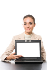 Photo of showing businesswoman with laptop, isolated