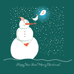 christmas card - snowman and songbird