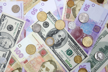 Ukrainian and American money is a background, texture,