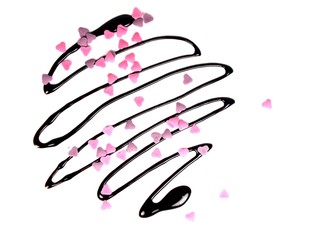 Abstract sweet shape made of molten chocolate and sweet hearts