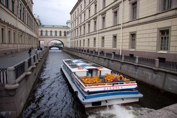 Velvet curtains Channel Boat on Neva canal st.Petersburg