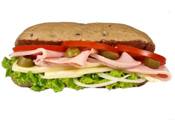 fresh ham baguette isolated on white