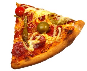slice of pizza on white