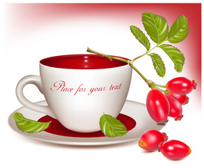 Vector illustration. Cup of tea and ripe rose hip .