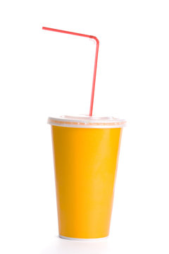 Orange plastic cup with  straw on  white background