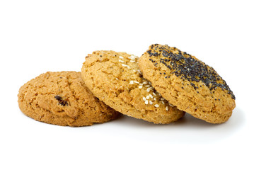 Three oatmeal cookies isolated on the white background