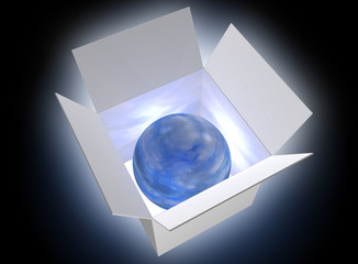Earth-like blue ball glowing in a box