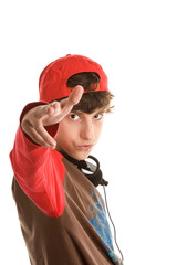 Boy shooting from fingers isolated on white background