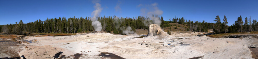 Panorama of area around Giant Geyser cone in Yellowstone NP
