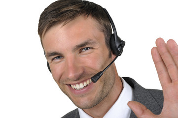 businessman in headphones with a microphone