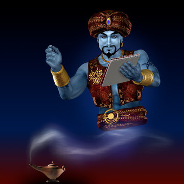 Genie from lamp with writing-pad. 3D render. Illustration.