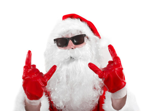mean santa claus in shades over the white background